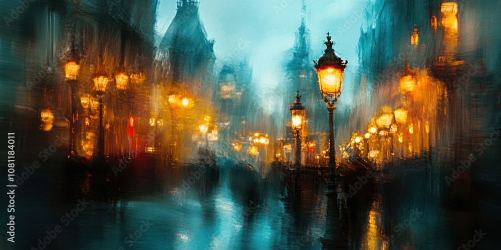 Obraz premium A foggy city street with glowing streetlights at night.