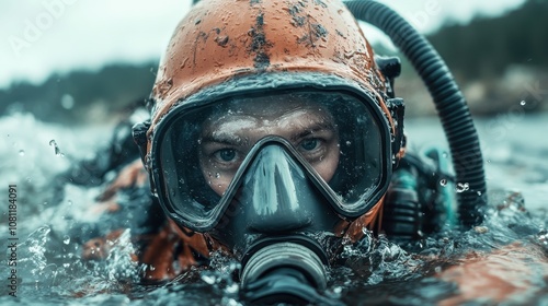 A diver in an orange suit is submerged and surrounded by dynamic water currents, highlighting the vivid spirit and tactile reality of underwater exploration. photo