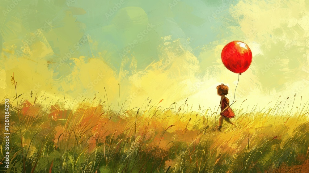 Innocence and Joy: Child with Red Balloon in Sunlit Meadow Art Print Innocence and Joy: Child with Red Balloon in Sunlit Meadow Art Print