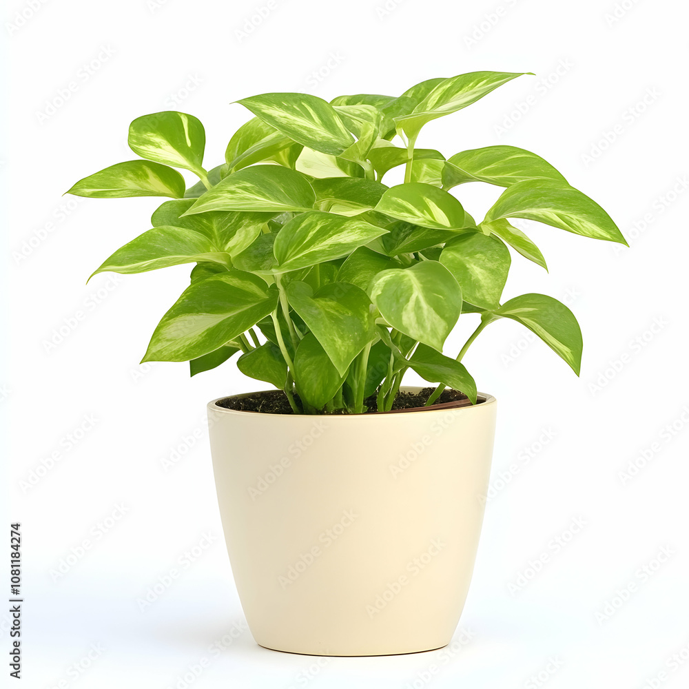 Golden Pothos Houseplant in Cream Pot, epipremnum aureum, indoor plant, potted plant, foliage plant, green leaves Golden Pothos Houseplant in Cream Pot, epipremnum aureum, indoor plant, potted plant, foliage plant, green leaves