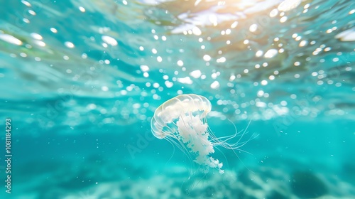 An ethereal jellyfish floats gracefully through the sunlit depths of the ocean, its delicate tentacles trailing behind it like a flowing gown. photo