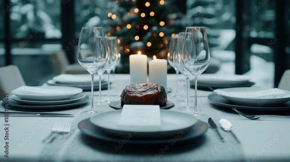 Elegant holiday table setting with candles and a festive backdrop, AI Elegant holiday table setting with candles and a festive backdrop, AI