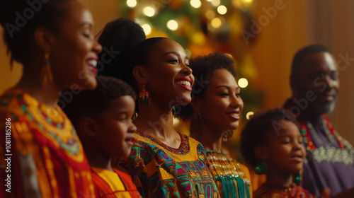 Smiling family celebrating together in festive traditional attire