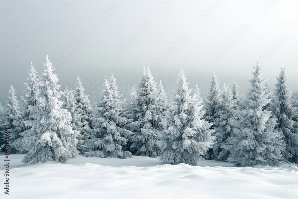 Naklejka premium Winter landscape featuring evergreen trees blanketed in snow, peaceful and tranquil atmosphere under a cloudy sky.