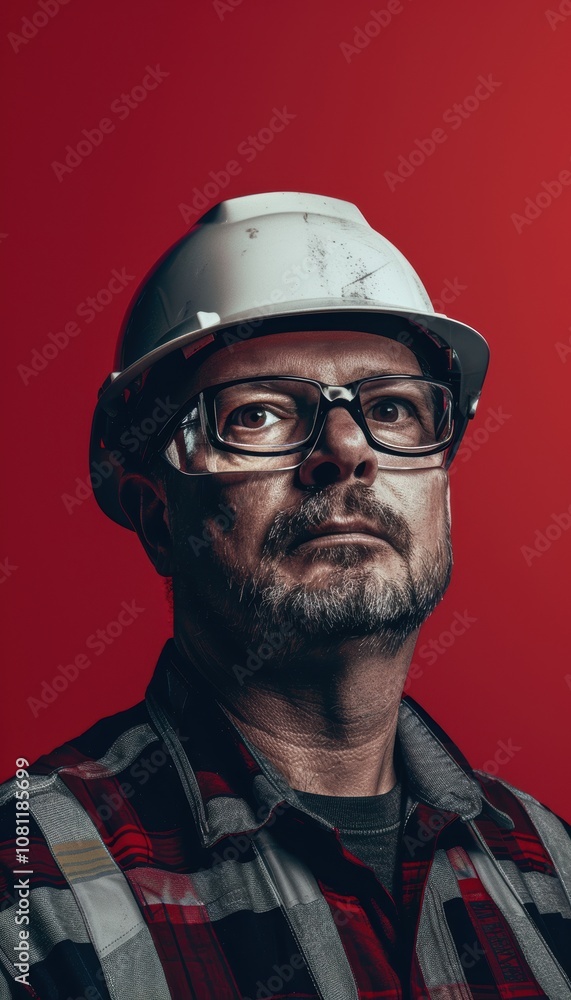 Fototapeta premium Focused Factory Supervisor Portrait in Safety Gear on Red Background for Industrial Design