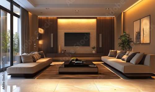 Living room interior with TV screen in front of couch. home interior