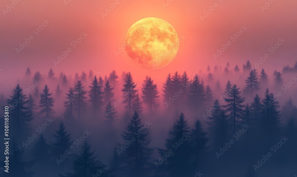 Full moon rising over a dense forest with the treetops bathed in warm light during twilight, creating a serene and atmospheric nature scene Full moon rising over a dense forest with the treetops bathed in warm light during twilight, creating a serene and atmospheric nature scene