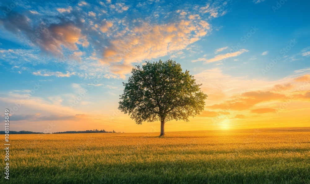 Lone Tree in a Wheat Field at Sunset with Vibrant Sky Lone Tree in a Wheat Field at Sunset with Vibrant Sky