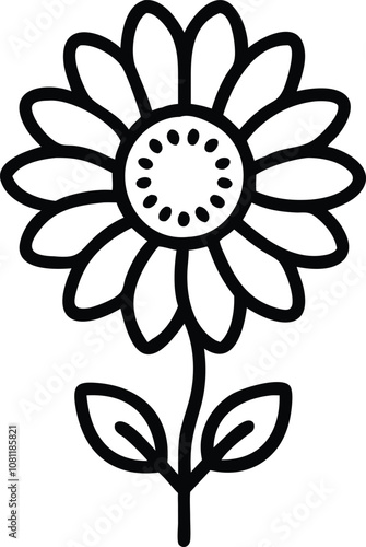 Simple black outline of a sunflower with leaves, Minimalistic line art illustration of a sunflower with rounded petals, a dotted circular center, and two leaves, featuring a bold black outline.
