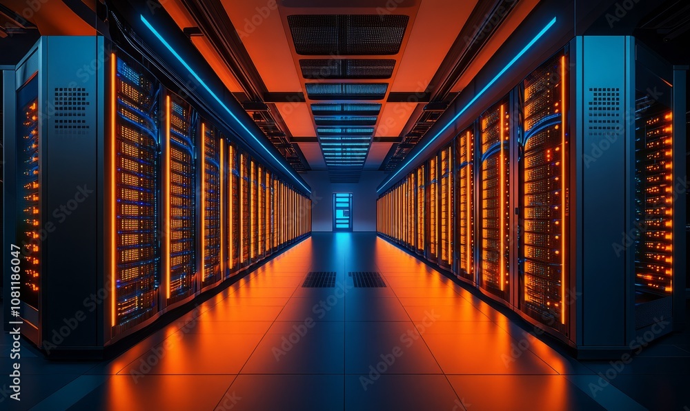 Fototapeta premium Futuristic data center with glowing orange and blue lights, showcasing server racks and fast-moving data transfer concept with illuminated cables and connections