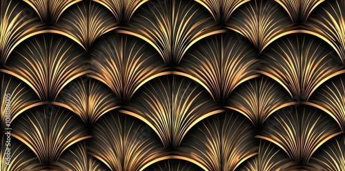 Retro golden woven wavy stripe pattern. Gold over black background. Vintage abstract gold plated relief sculpture. Abstract gilded wallpaper. Maximalistic wallpaper rendering. photo