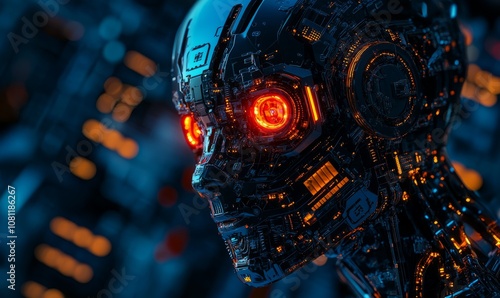 Futuristic robotic head with glowing red eyes and intricate mechanical details, set against a blurred background of circuit board elements photo