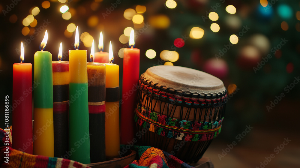 Fototapeta premium Kwanzaa candles with African drum and festive lights