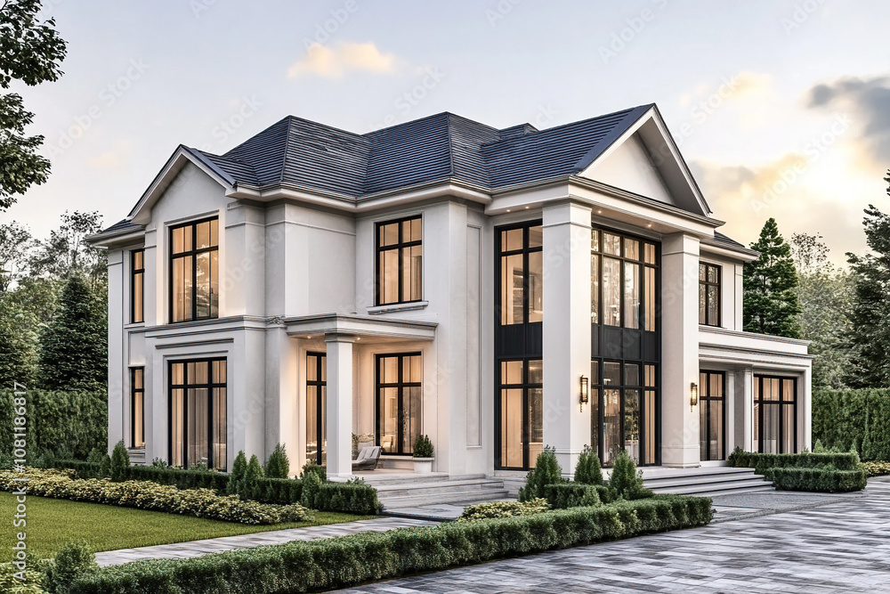 A large two-story house with classic European architecture, white walls, and black windows, overlooking the front garden in an American style. The exterior wall has a gray marble texture. A large two-story house with classic European architecture, white walls, and black windows, overlooking the front garden in an American style. The exterior wall has a gray marble texture.