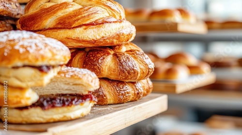 Golden croissants and buns, some filled with jam, are stacked invitingly on a bakery rack, ready to tantalize customers with their fresh-baked aroma. photo