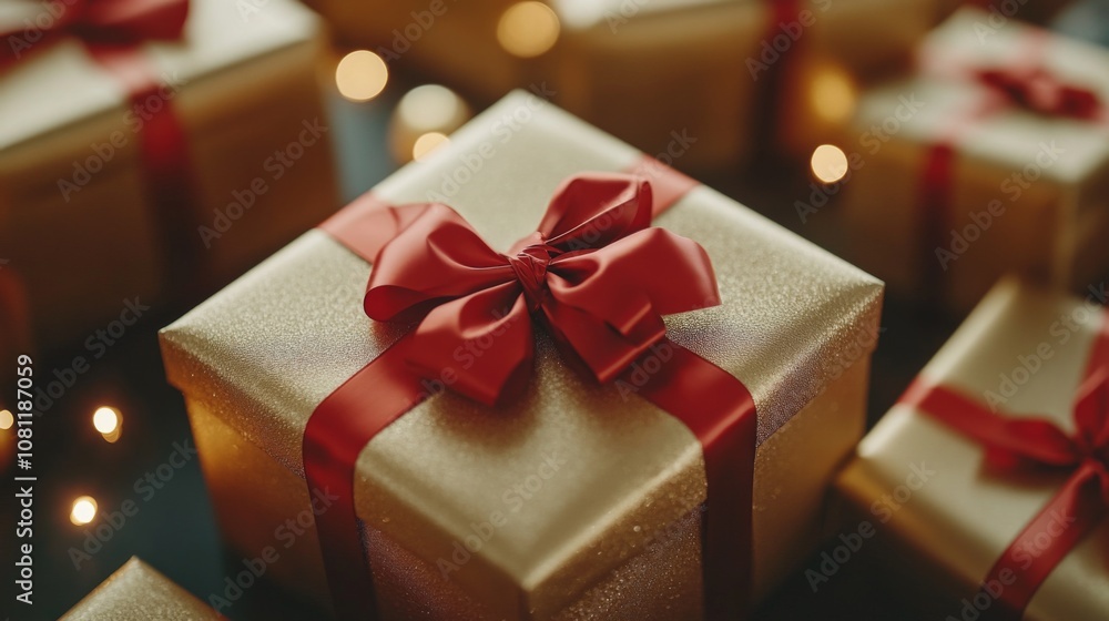 Close-up of a Golden Gift Box with a Red Bow Close-up of a Golden Gift Box with a Red Bow