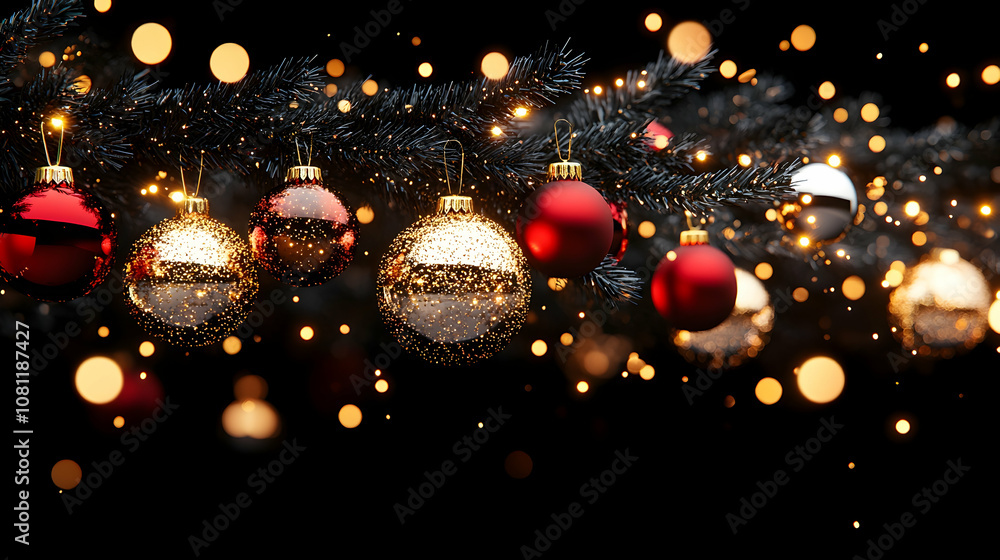 Sparkling Christmas Ornaments on Black Christmas Tree Branch, bauble, baubles, red, gold, glitter Sparkling Christmas Ornaments on Black Christmas Tree Branch, bauble, baubles, red, gold, glitter