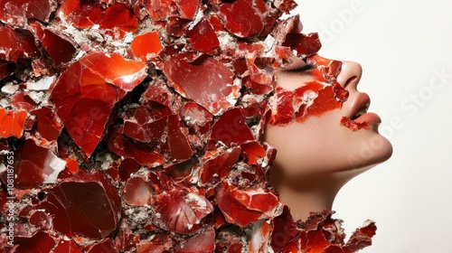 A conceptual depiction of a woman's face transforming into a mosaic of vibrant red shards, exploring themes of identity and the beauty of fragmentation. photo