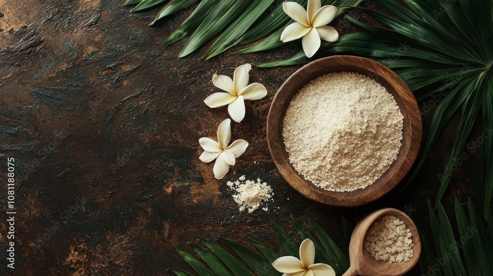 Bowl of bath salts with tropical flowers and palm leaves Bowl of bath salts with tropical flowers and palm leaves