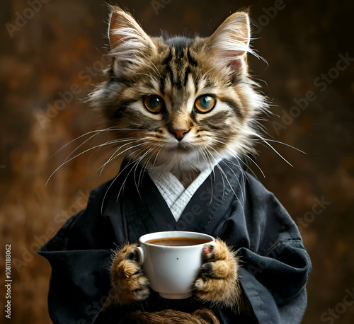 a cat in a kimono, a cat in a bathrobe who is in a suit, a cat drinking coffee, a cat holding a cup of coffee, a cat holding a white mug