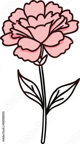 Pink carnation flower with green leaves illustration, Vector illustration of a pink carnation flower with ruffled petals and two green leaves, showcasing a delicate and elegant design.
