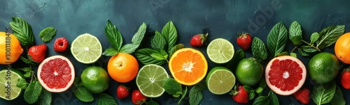 Many different fruits and vegetables arranged on a table, nutritionist concept, banner photo