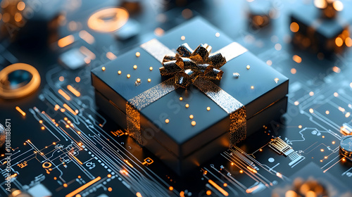 Digital Gift Box on Circuit Board, present, ribbon, bow, gold, black