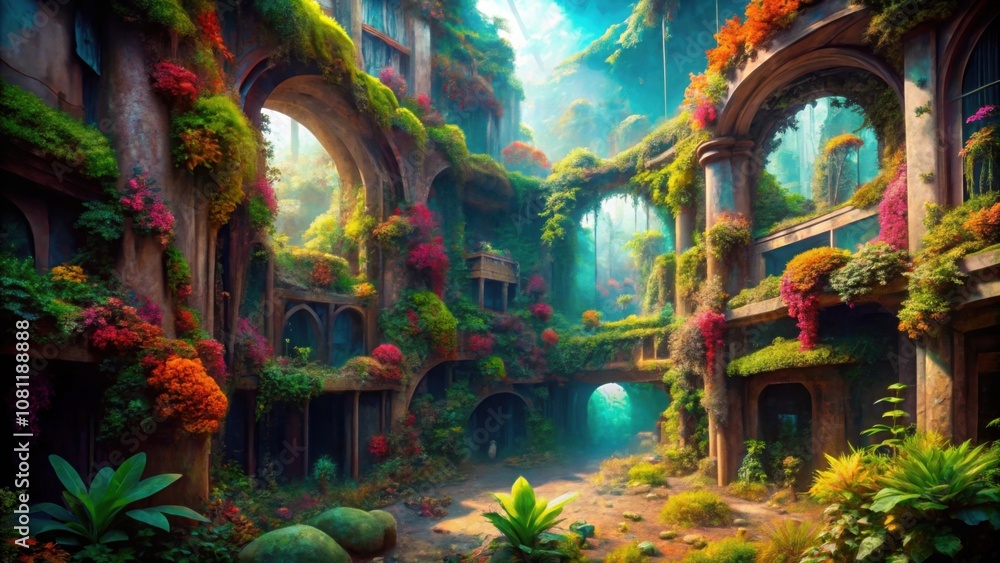 Obraz premium Abandoned space colonies covered with alien vegetation. Overgrown ruins with lush vegetation and fantasy architecture