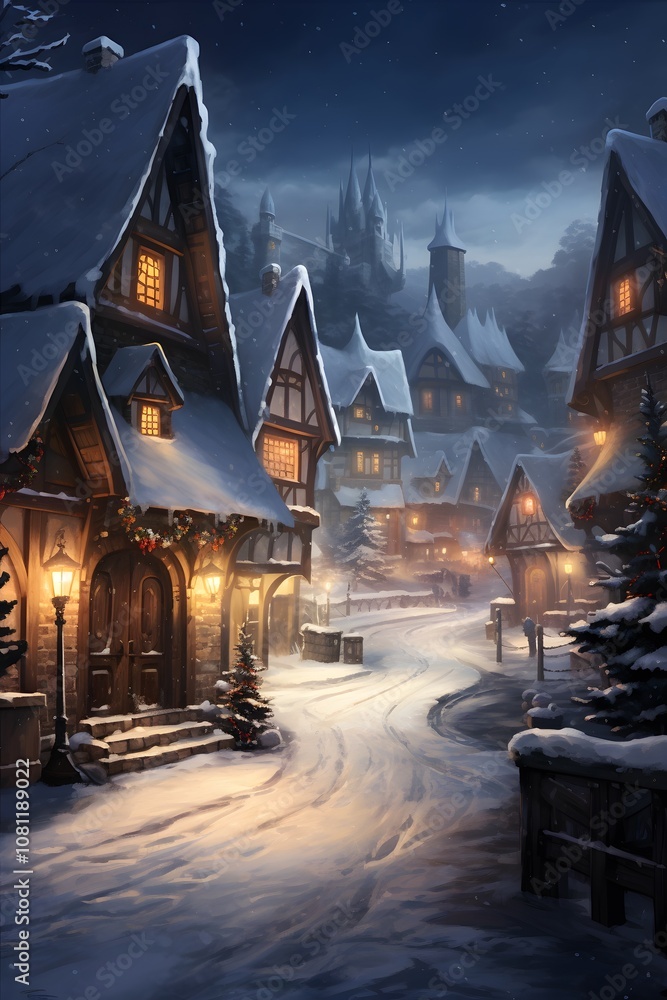 A serene scene of a snowcovered village during the holidays AI generated illustration A serene scene of a snowcovered village during the holidays AI generated illustration