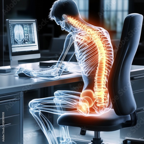 Anatomical illustration of a person with poor posture, highlighting compression in the lumbar spine