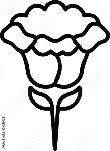 Black outline of a carnation flower illustration, Minimalistic line drawing of a carnation flower with a ruffled bloom, two leaves, and a simple stem, featuring a bold black outline.
