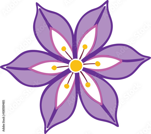 Purple six-petal flower with yellow center, Vector illustration of a stylized purple flower featuring six pointed petals, a yellow center, and intricate detailing, showcasing a vibrant design.
