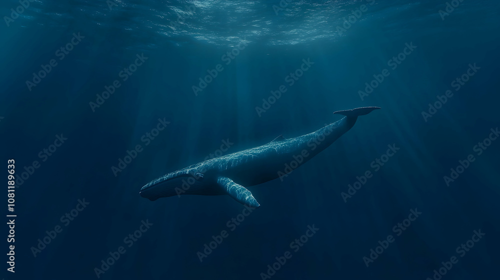 Obraz premium Majestic Whale in Deep Ocean Sunlight, blue whale, humpback whale, underwater, sea, marine