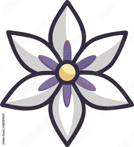 Abstract white and purple flower with six petals, Vector illustration of an abstract flower featuring six white petals with purple accents and a yellow center, outlined in bold. 