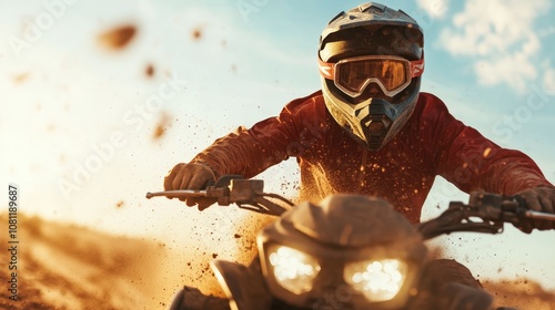 A dirt biker wearing protective gear rides through challenging terrain, kicking up dust against a vibrant sunset sky, symbolizing adventure and freedom. photo