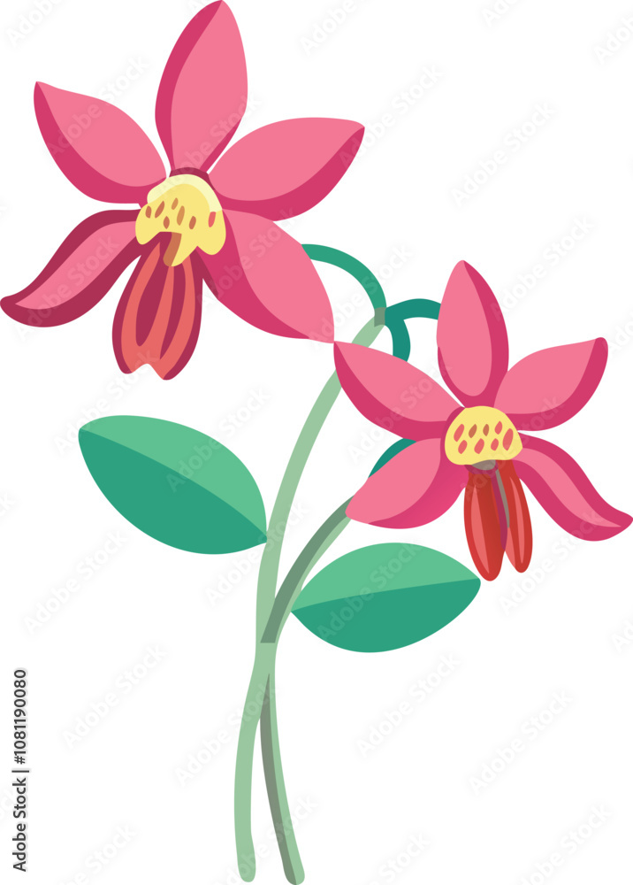 Naklejka premium Columbine flowers with green leaves, Illustration of two vibrant columbine flowers, showcasing a colorful design.