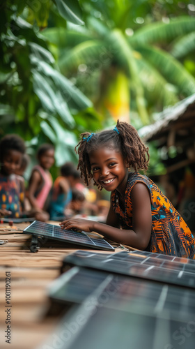 african american girl with dreadlocks smiling next to a solar panel, emphasizing education about clean, sustainable, and renewable energy