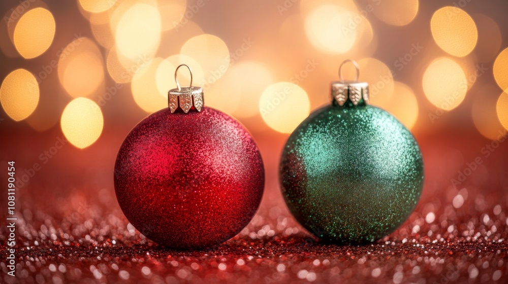 Two Shiny Christmas Ornaments on Red Glitter with Bokeh Lights Two Shiny Christmas Ornaments on Red Glitter with Bokeh Lights
