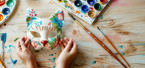 Cat mask painting. Carnival costume for Halloween, furry, therian or quadrobics subculture. Mask painting for masquerade party. Child craft art. Top view of table with pains, hands and cat face art