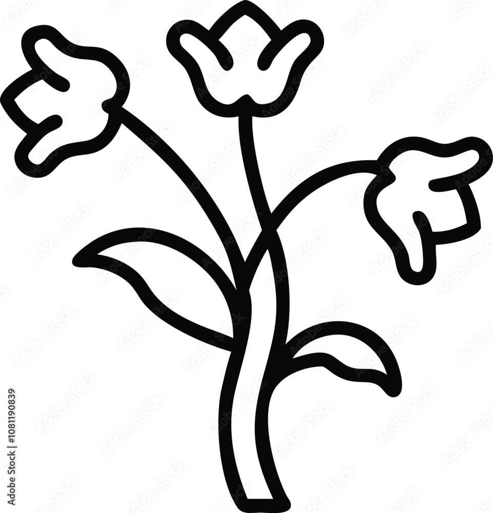Abstract black outline of blooming flower trio, Minimalistic line drawing of three abstract flowers with curved stems and leaves, featuring a bold black outline in a simple design.
Abstract black outline of blooming flower trio, Minimalistic line drawing of three abstract flowers with curved stems and leaves, featuring a bold black outline in a simple design.