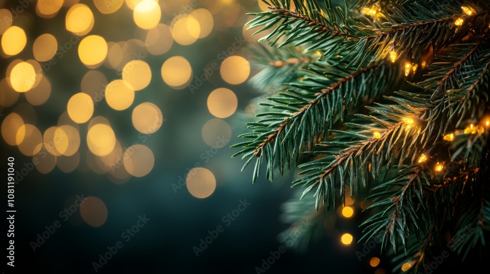 Close-up of Evergreen Branch with Festive String Lights and Bokeh Close-up of Evergreen Branch with Festive String Lights and Bokeh