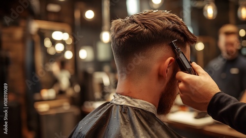 Man getting a stylish haircut at a modern barbershop using highend clippers and grooming products