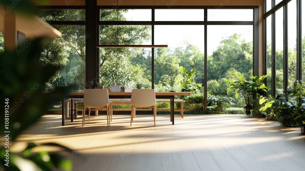 Modern Home with Expansive Windows Overlooking Lush Greenery Modern Home with Expansive Windows Overlooking Lush Greenery