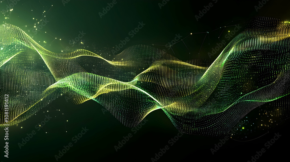 Abstract Green and Gold Wave Particle Background, light, glow, energy, technology, digital Abstract Green and Gold Wave Particle Background, light, glow, energy, technology, digital