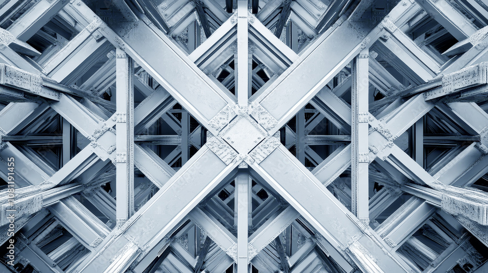 Naklejka premium Metal intersecting beams creating geometric pattern. Abstract background. Metal bridge structures. Steel use for bridge construction.