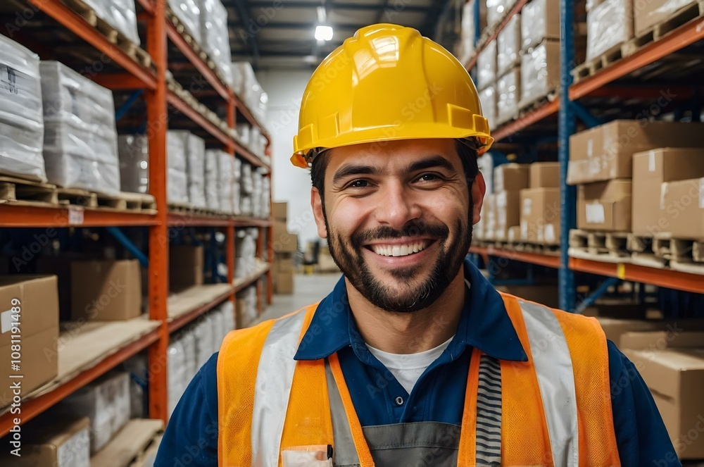 Portrait of a smiling man in a warehouse, wearing an orange safety vest. Depicts professionalism and efficiency in a storehouse environment. Portrait of a smiling man in a warehouse, wearing an orange safety vest. Depicts professionalism and efficiency in a storehouse environment.