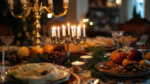 Elegant holiday dinner table with menorah and candles photo