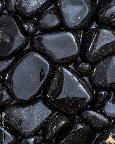 Wet black river rocks with water droplets photo