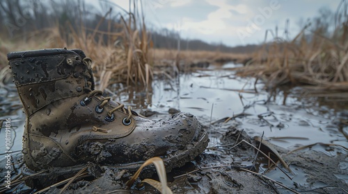 A close-up image of a muddy boot in a wetland. The boot is brown and made of leather. The laces are tied and the boot is covered in mud. photo