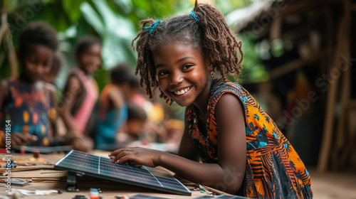 african american girl with dreadlocks smiling next to a solar panel, emphasizing education about clean, sustainable, and renewable energy
